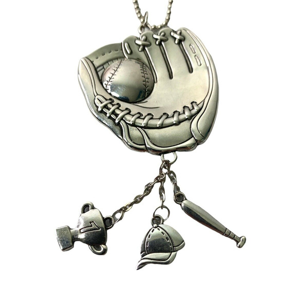 Baseball Glove & Charms Keychain Necklace Pendant Sports Mitt Cap Bat - Picture 1 of 6